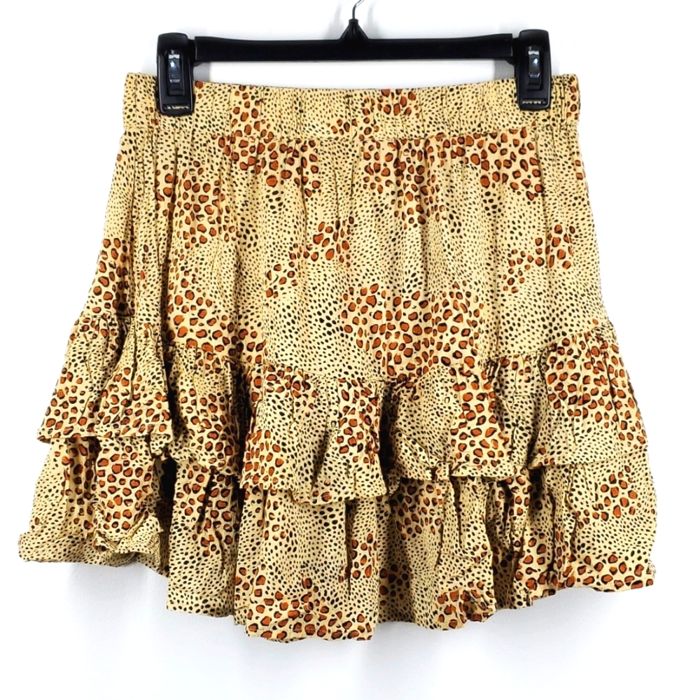 Amuse Society Tan Leopard Print Ruffle Mini Skirt Boho Festival Size M NWOT